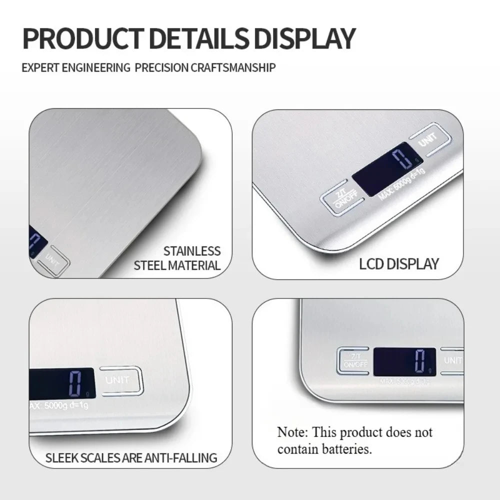 Digital Kitchen Scale with LED Display, 5 kg/1 g Stainless Steel, Electronic Weighing for Food, Jewelry, Snacks, Baking, Kitchen Tools