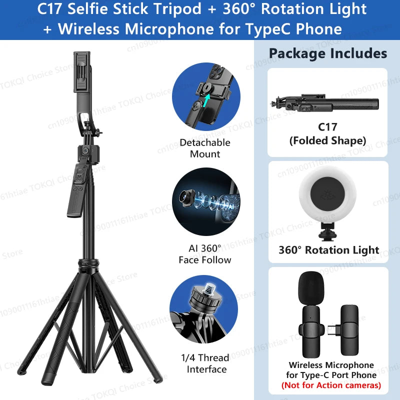 TOKQI C17 – Trépied selfie 360° avec suivi IA automatique, télécommande et lumière de remplissage