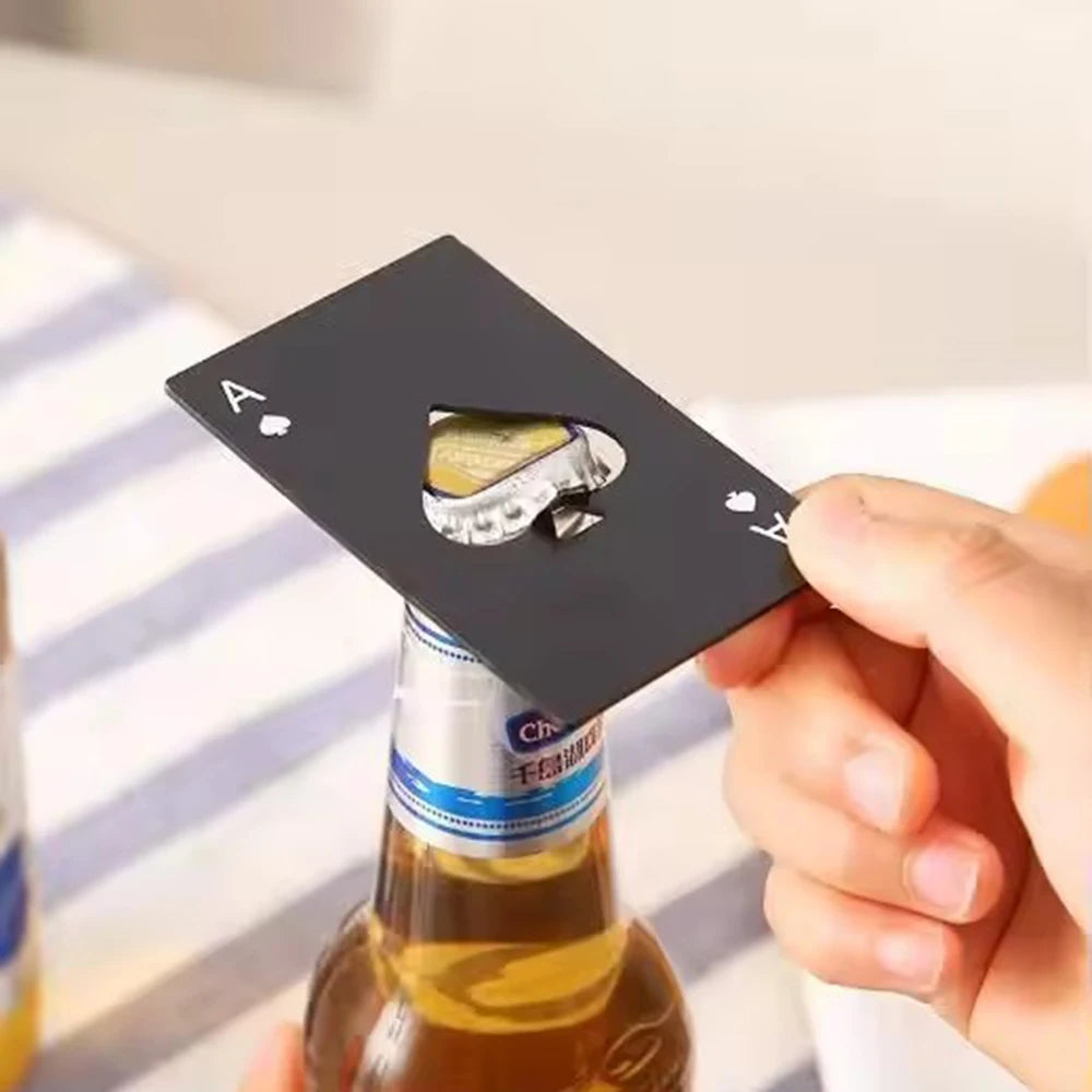 Palas de acero inoxidable, botellero, abridor de botellas, cartas de juego, abridor de botellas, tarjeta de crédito, abridor de cerveza.