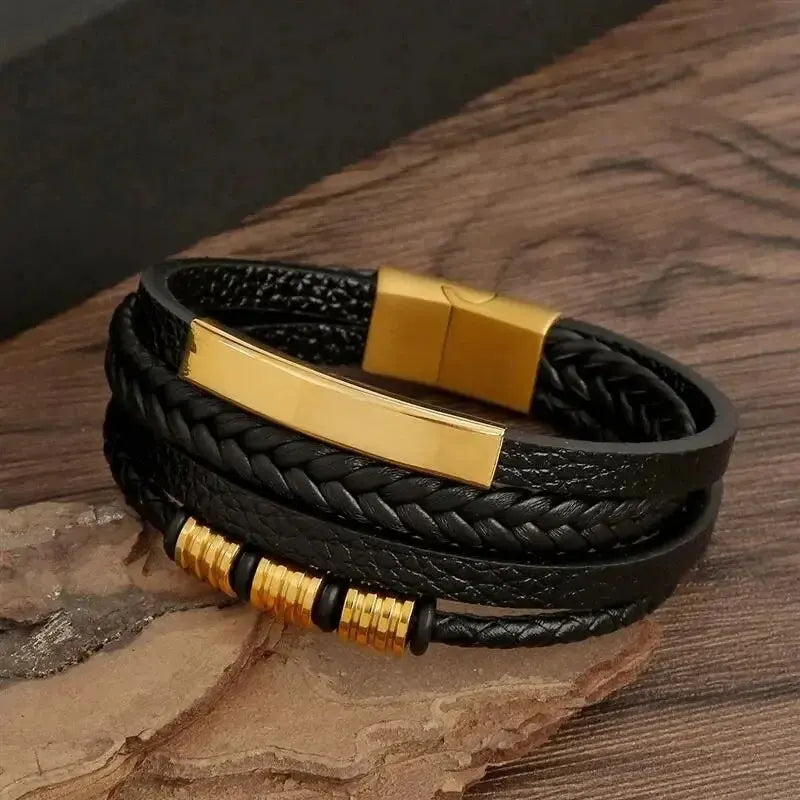 Men's multi-layer PU leather bracelet, Magnut clasp, wavy leather, gold color, metal tube, charm, fashionable hip hop jewelry