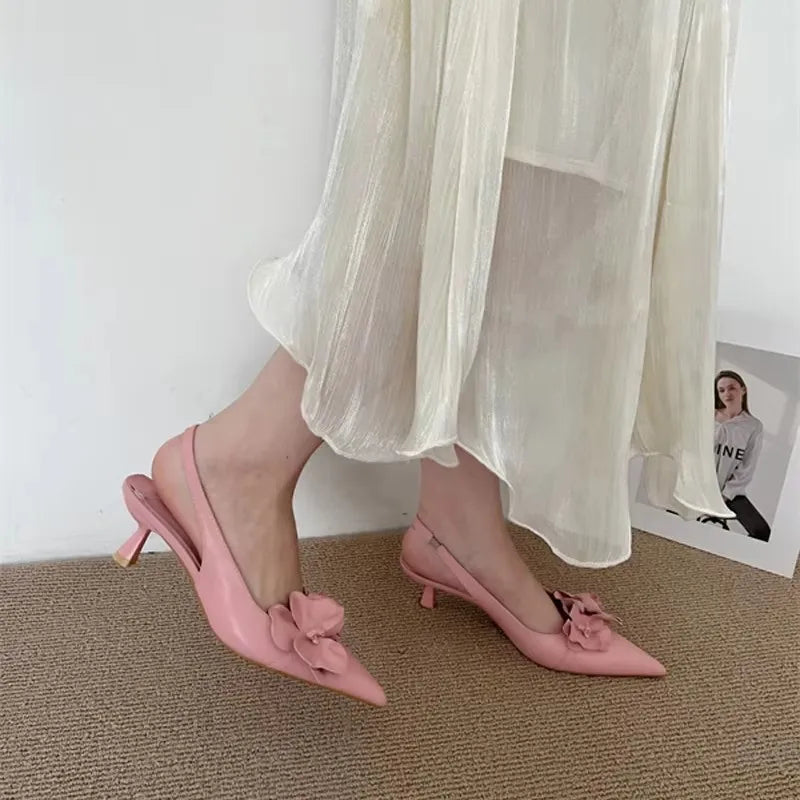 Zapatos de tacón alto para mujer, puntera en pico, destalonados, de oficina, con tacón bajo, rosa, blanco, diseño floral, sexy