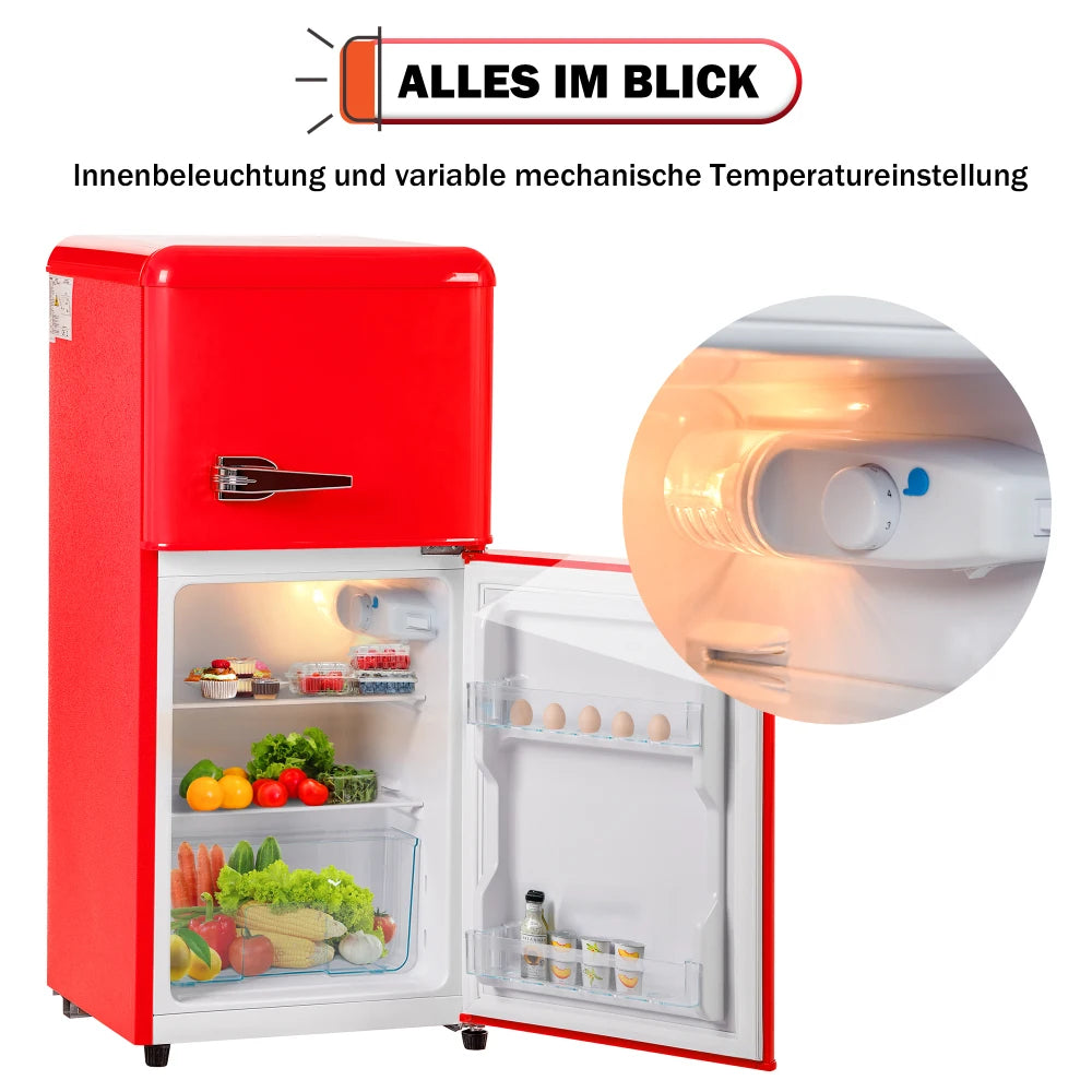 Combinaison réfrigérateur-congélateur rétro 45,5 cm de large, 2 portes 60 litres de volume total, volume de congélateur 22 litres. 102 KWh/année,