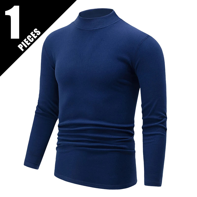 1/2 pcs Autumn and Winter Men's Fashionable Semi-High Neck Long-Sleeve Base Top Solid Color Casual Sports Fitness Warm T-Shirt