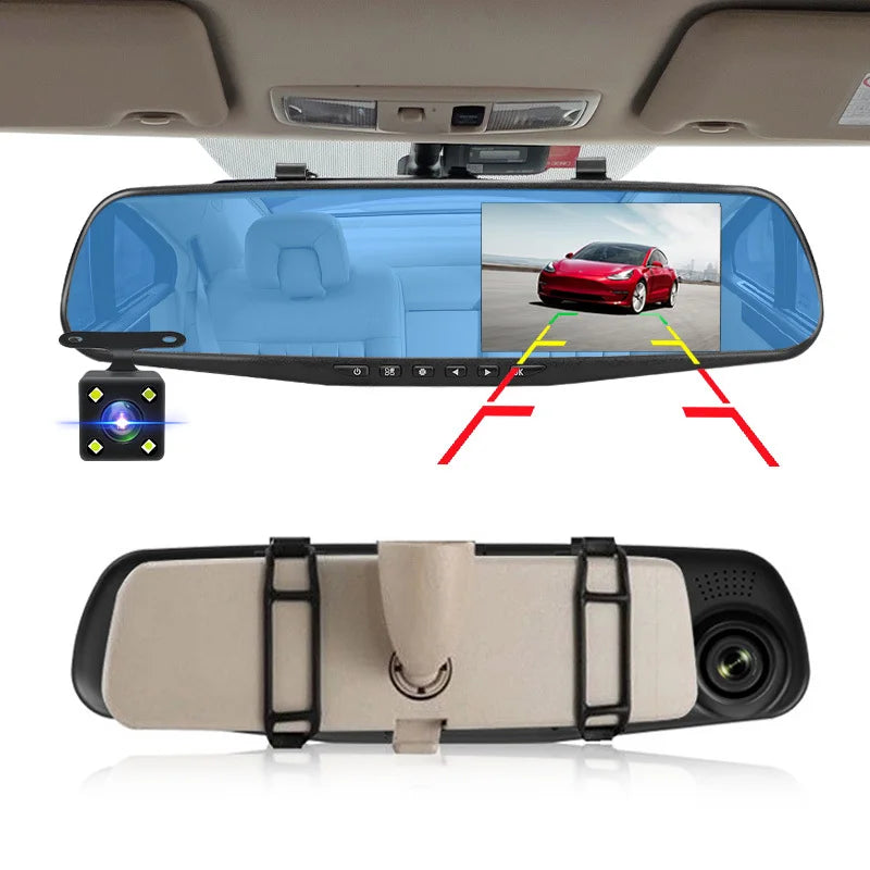 Dashcam 4,3" 1080P Rétroviseur DVR — Double Lentille Caméra Recul Boîte Noire