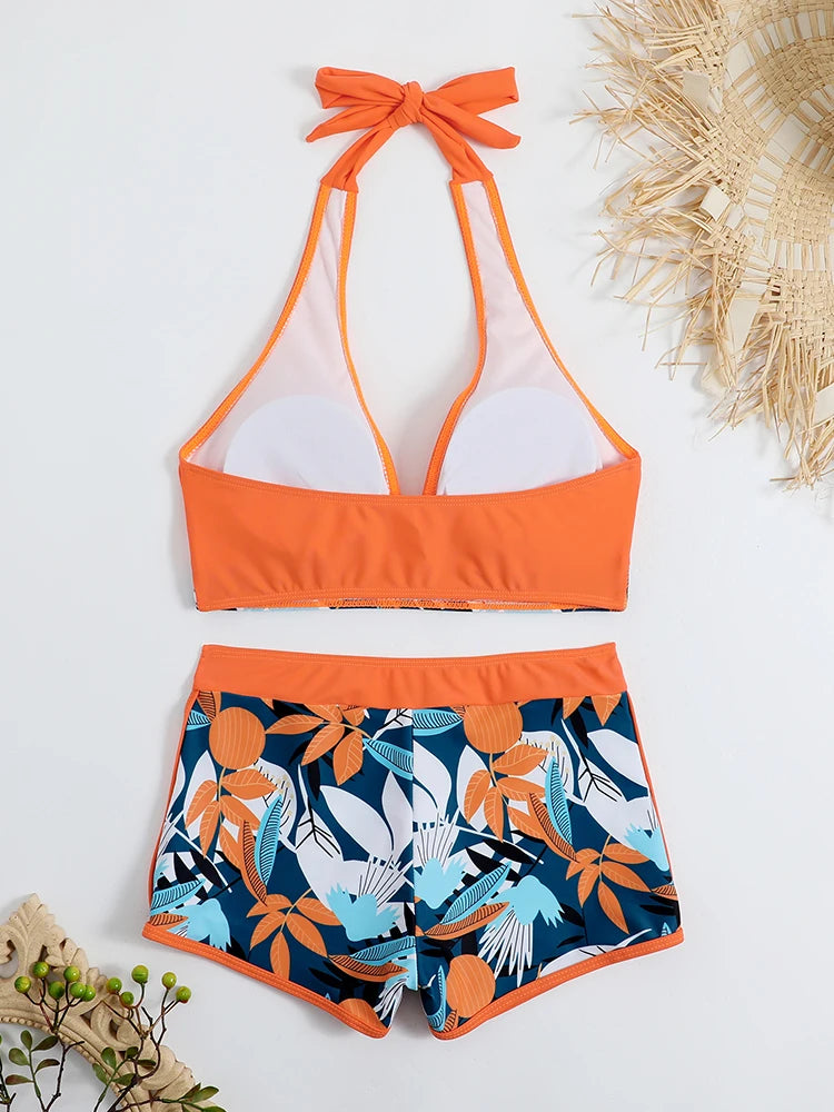 Ensemble de bikini halter 2026, maillot de bain court pour femme, maillot de bain taille haute imprimé, tenue de plage
