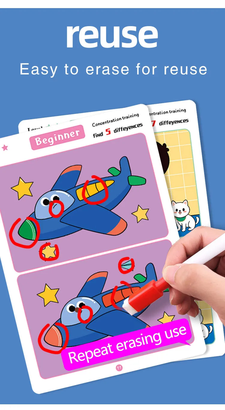 Juego de cartas educativo y reutilizable de dibujos animados para niños Encuentra las diferencias Encuentra niveles de dificultad para entrenar la atención y la concentración