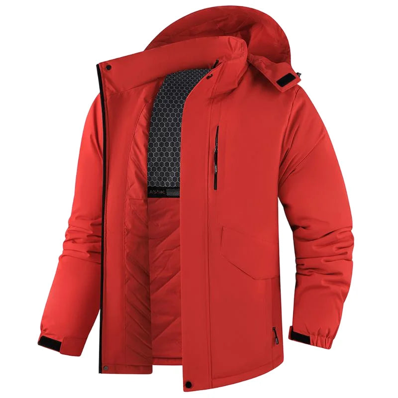 Men's thick waterproof winter jacket, windproof, detachable hood, multi-pockets, work windbreaker, Safari