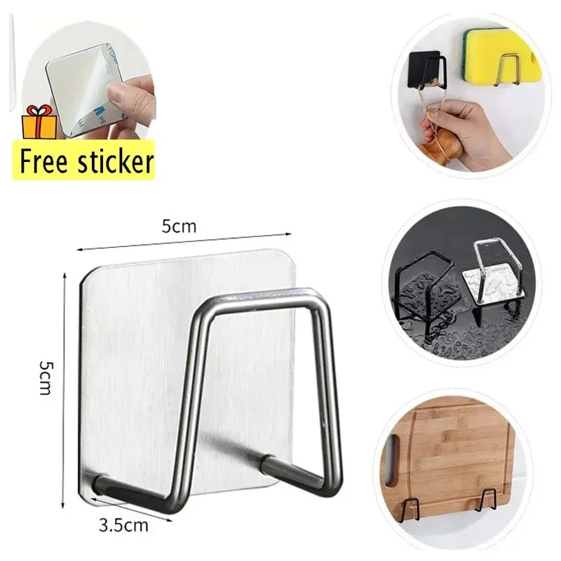 Stainless Steel Kitchen Sponge Holder, Sink Sponge Drying Rack, Self-Adhesive Storage Holder, Wall Hooks, Kitchen Organizer