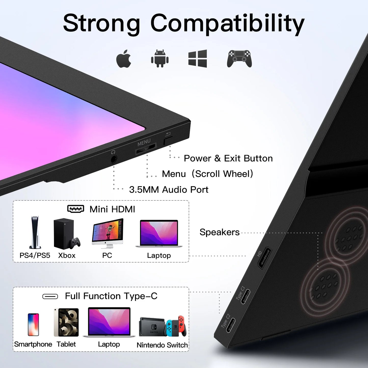 Moniteur portable pour ordinateur portable, 15.6 pouces, 1080p, 72 NTSC, 100 sRGB, USB C, HDMI, deuxième écran d'ordinateur de voyage externe avec HDR