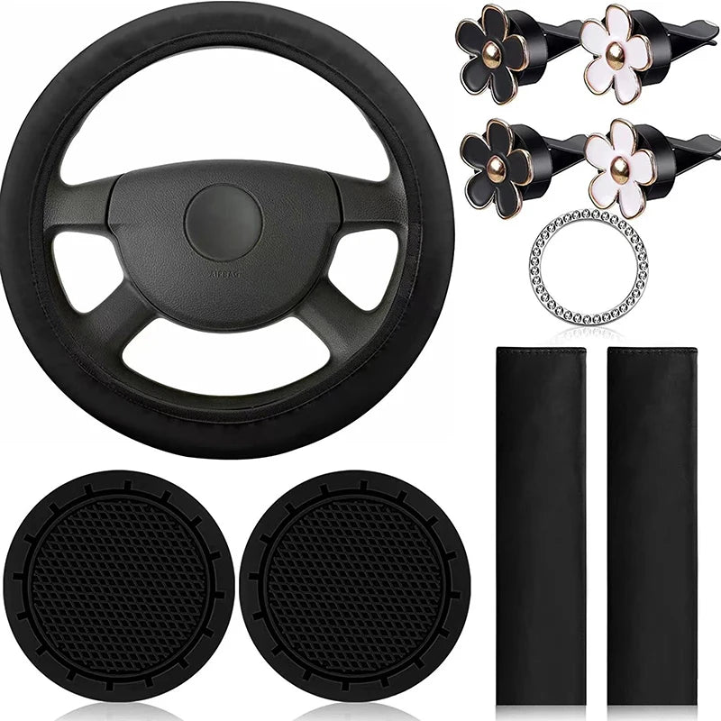 Housse Volant Cuir Femme 10 Pièces — Ensemble Accessoires Voiture Ceinture Porte-Gobelets