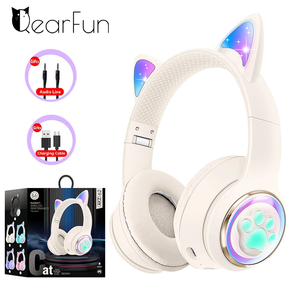 Auriculares inalámbricos RGB con orejas de gato para PC, lindos, cápsula espacial 3D, auriculares Bluetooth, auriculares plegables para juegos, regalos para niñas