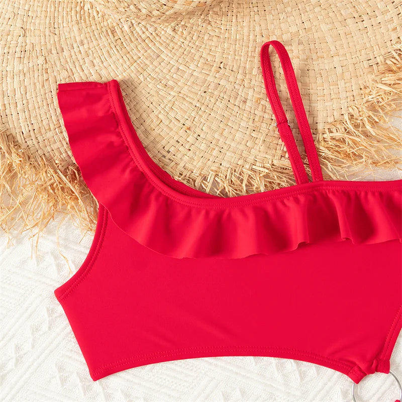 Bikini filles enfants maillots de bain une épaule volants maillots de bain couleur unie dos nu maillot de bain