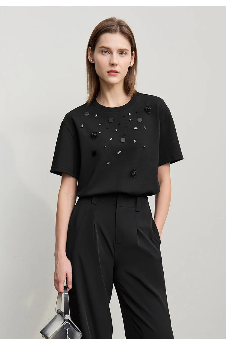 T-shirt femme 2026 — col rond, perle tridimensionnelle, fleur, diamant, tricot, ample