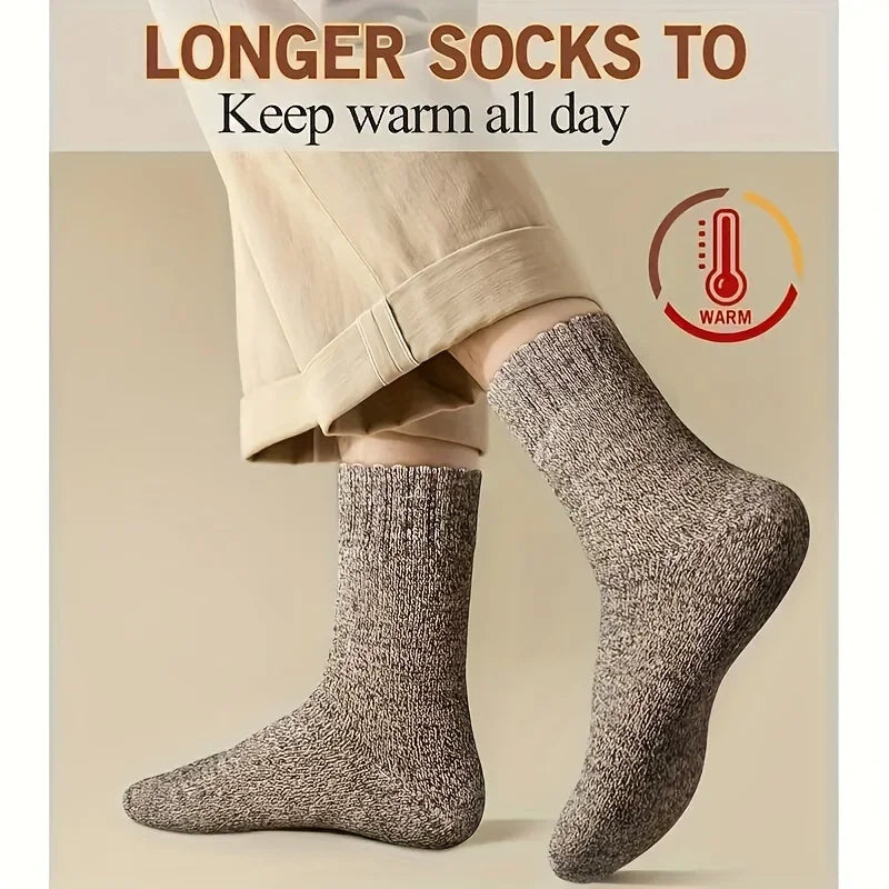 3/5 paires de chaussettes chaudes pour hommes, chaussettes épaisses en tissu éponge mi-mollet, chaussettes anti-froid pour bottes de neige, élastiques, couleur unie