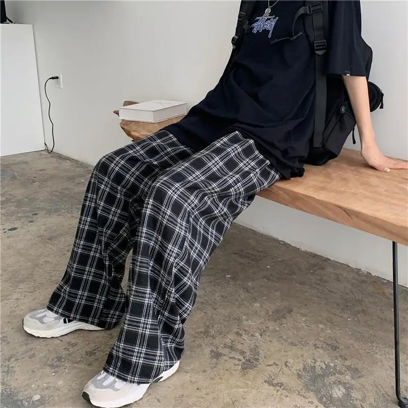 Pantalones oversize de mujer, de chándal, de moda de verano, a cuadros negros, casuales, de cintura elástica, con bolsillos casuales, para estudiantes, unisex