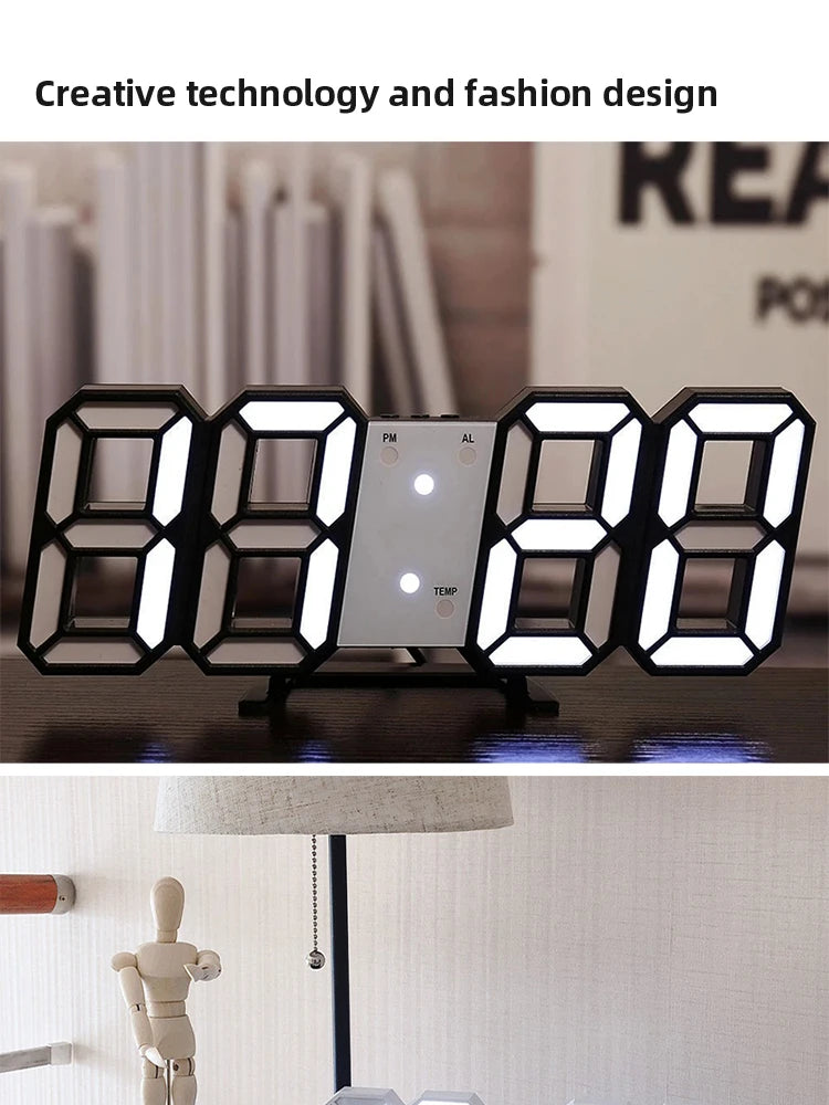 Horloge murale numérique LED 3D lumineuse avec prise USB – Décoration créative pour la maison