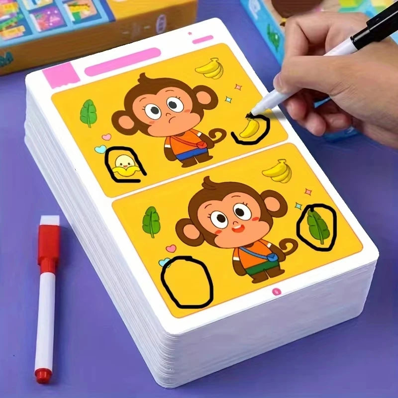 Juego de cartas educativo y reutilizable de dibujos animados para niños Encuentra las diferencias Encuentra niveles de dificultad para entrenar la atención y la concentración