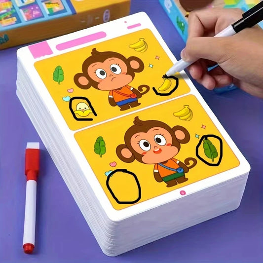 Trouver des différences Jeu de cartes Puzzle éducatif de dessin animé réutilisable pour enfants Trouvez des niveaux de difficulté pour la formation à l'attention de concentration