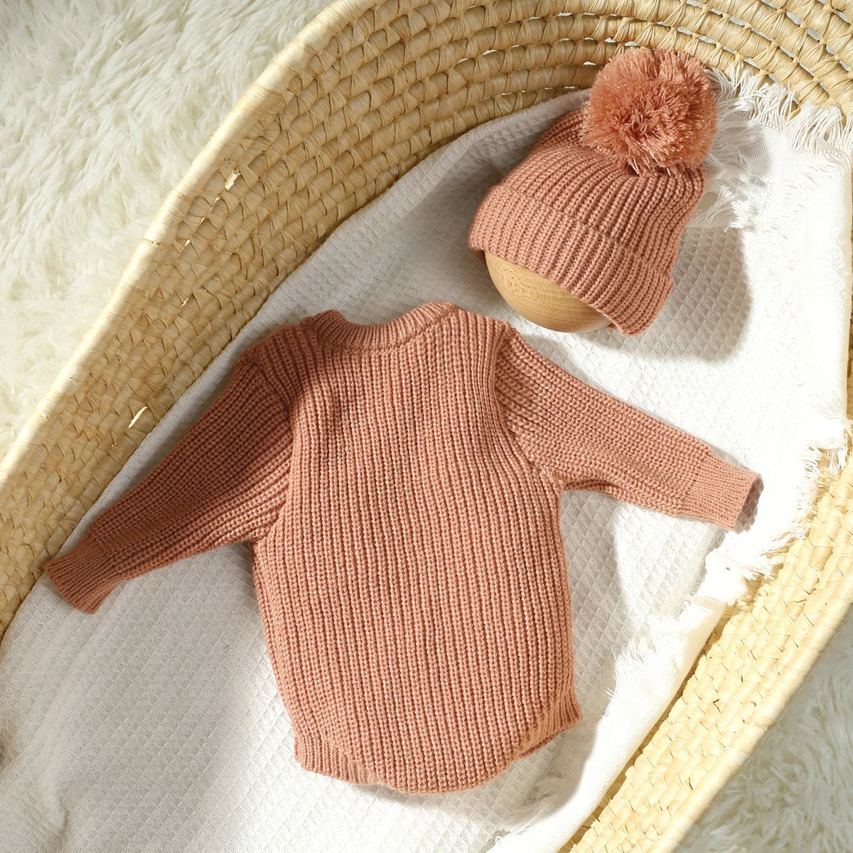 Barboteuse tricotée pour nouveau-né photographie — chapeau à pompon, pull bébé, séance photo HD (v3)