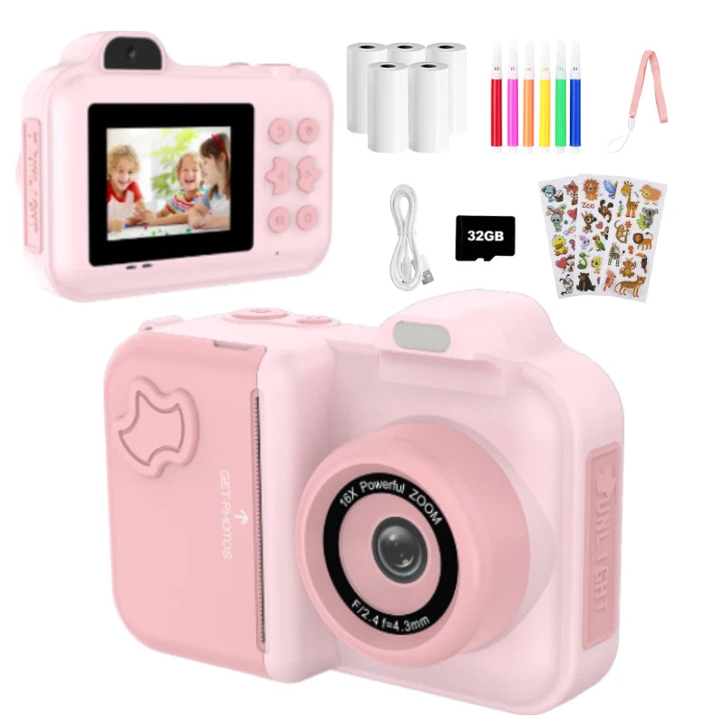 Appareil photo numérique à impression instantanée pour enfants, stylos à documents pour enfants, papier d'impression thermique, jouets cadeaux de Noël pour garçons et filles, 32G