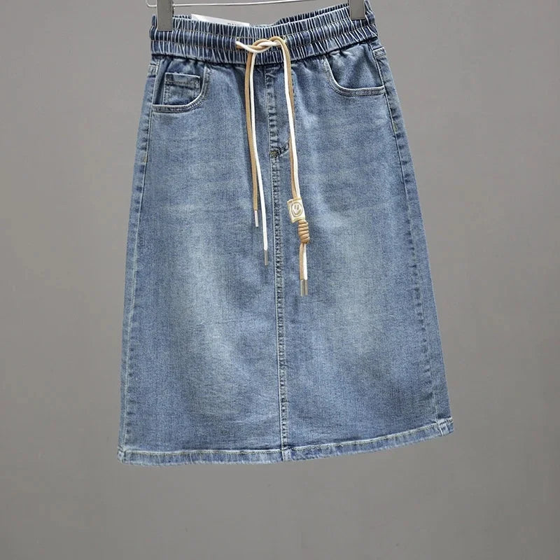Falda coreana de talla grande 5XL de mezclilla, maxi falda de primavera verano para mujer, faldas largas de jean con cordones, falda vaquera de media longitud con línea A para mujer
