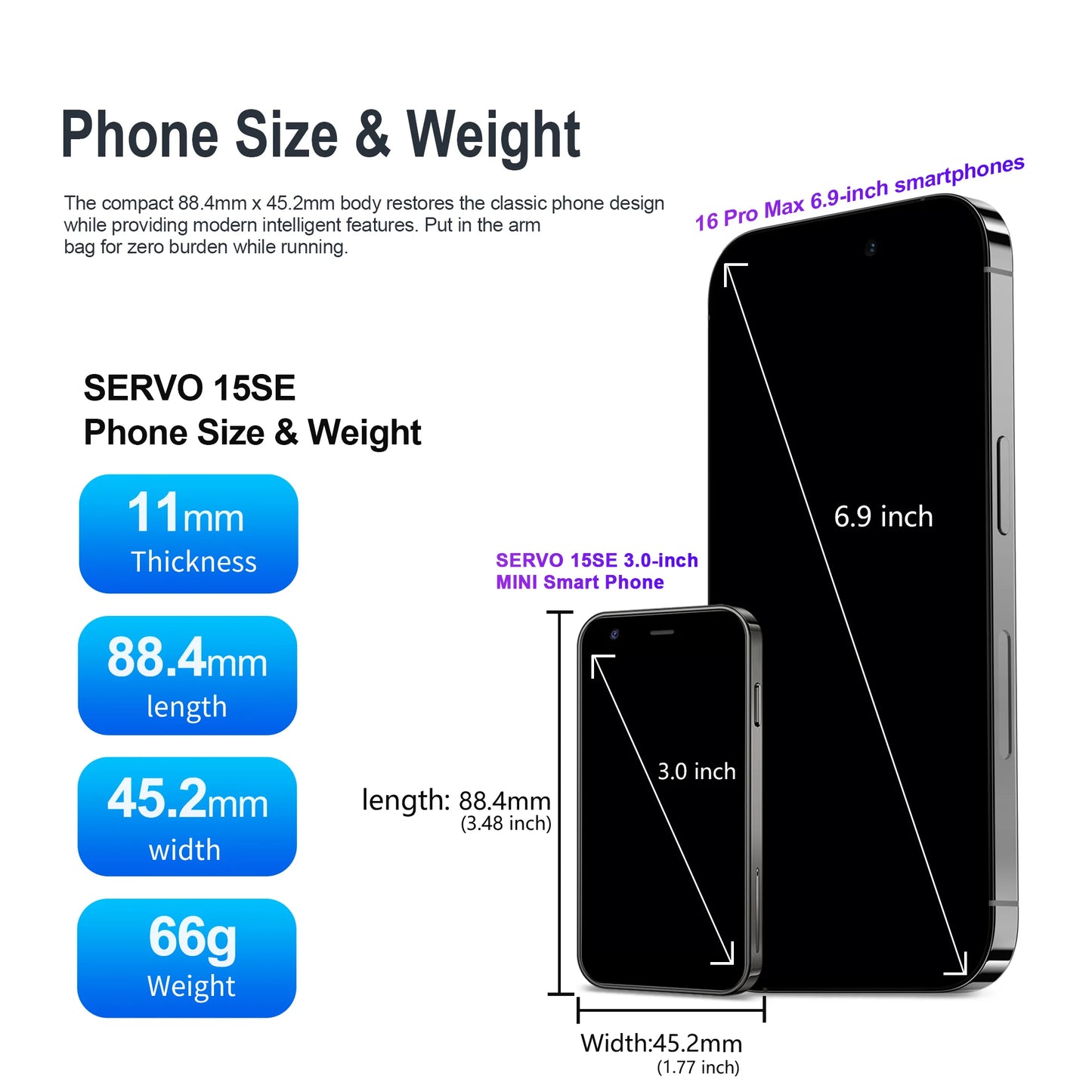 SERVO Mini Smartphone, 3.0 inch screen, 2GB+16GB, WCDMA 3G, Face Recognition, GPS WiFi, Play Store, Android Smart Phone, Dual SIM Standby