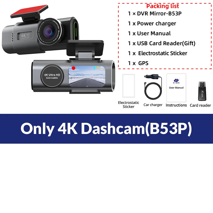 Cámara de salpicadero 4K GPS WIFI APP 24H Visión nocturna Mini lente trasera opcional Dashcam coche DVR grabador de video cámara para coche caja negra