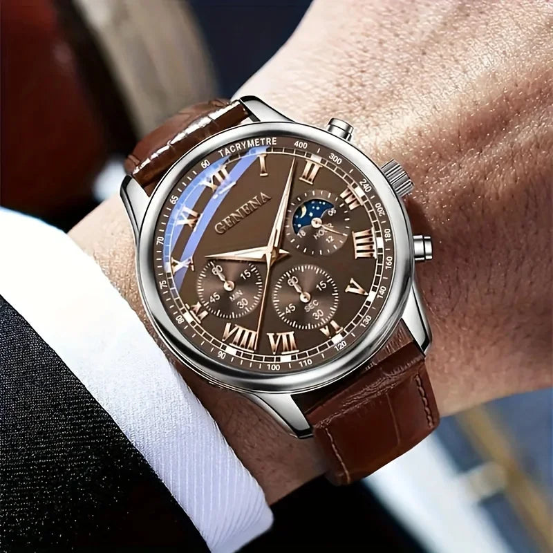 Relojes de negocios de lujo para hombre, correa de cuero, esfera redonda, analógico, de cuarzo, Reloj Hombre (sin caja)