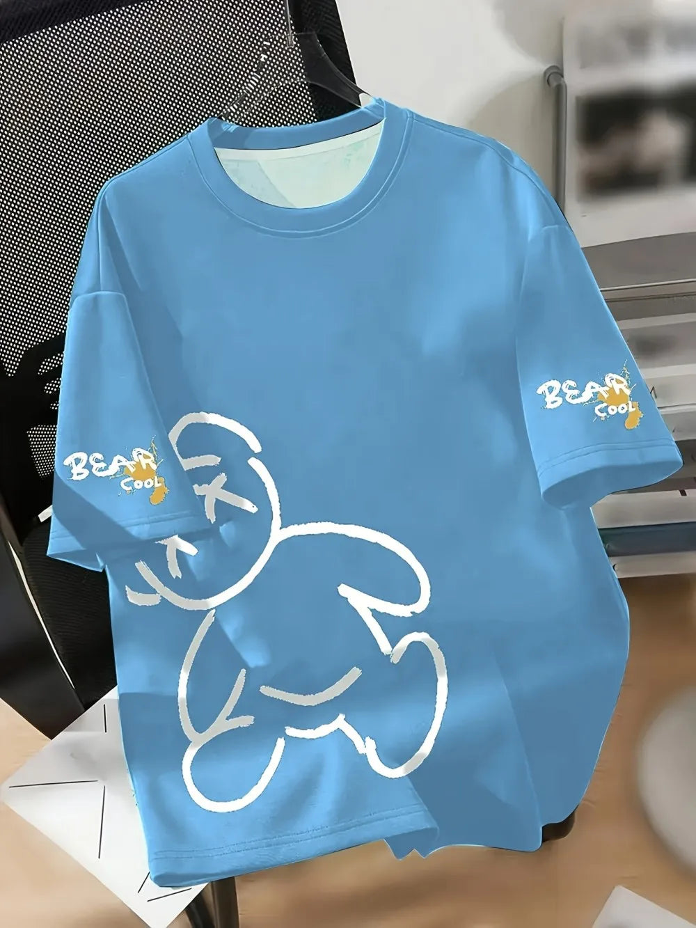 Camiseta de verano transpirable con cuello redondo para hombre, con estampado de oso de dibujos animados, adecuada para regalos diarios y de fin de semana para amigos.