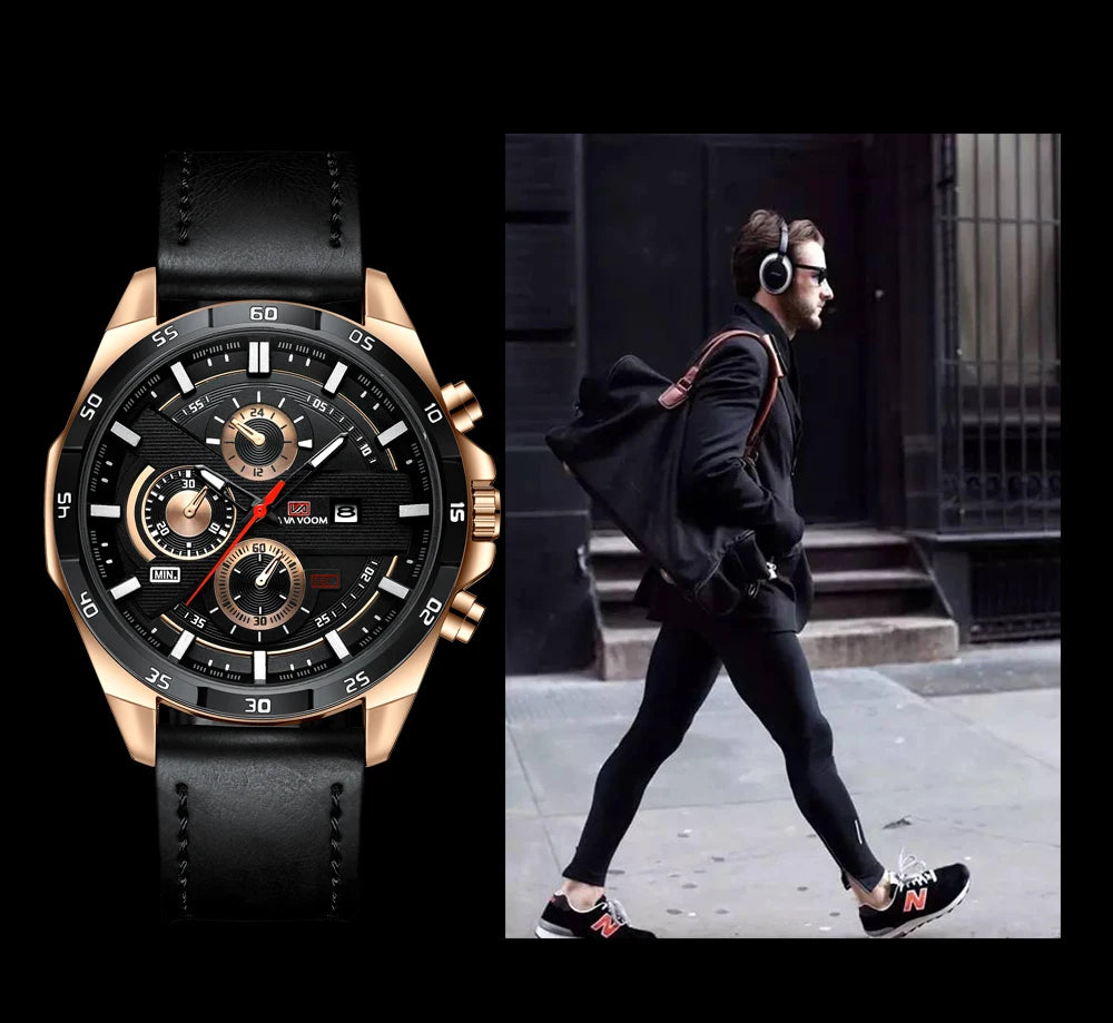 Montres de sport pour hommes, série de course de mode, 46mm, horloge en cuir noir VA VA VOOM, mouvement à Quartz 3Bar, montre-bracelet étanche pour hommes