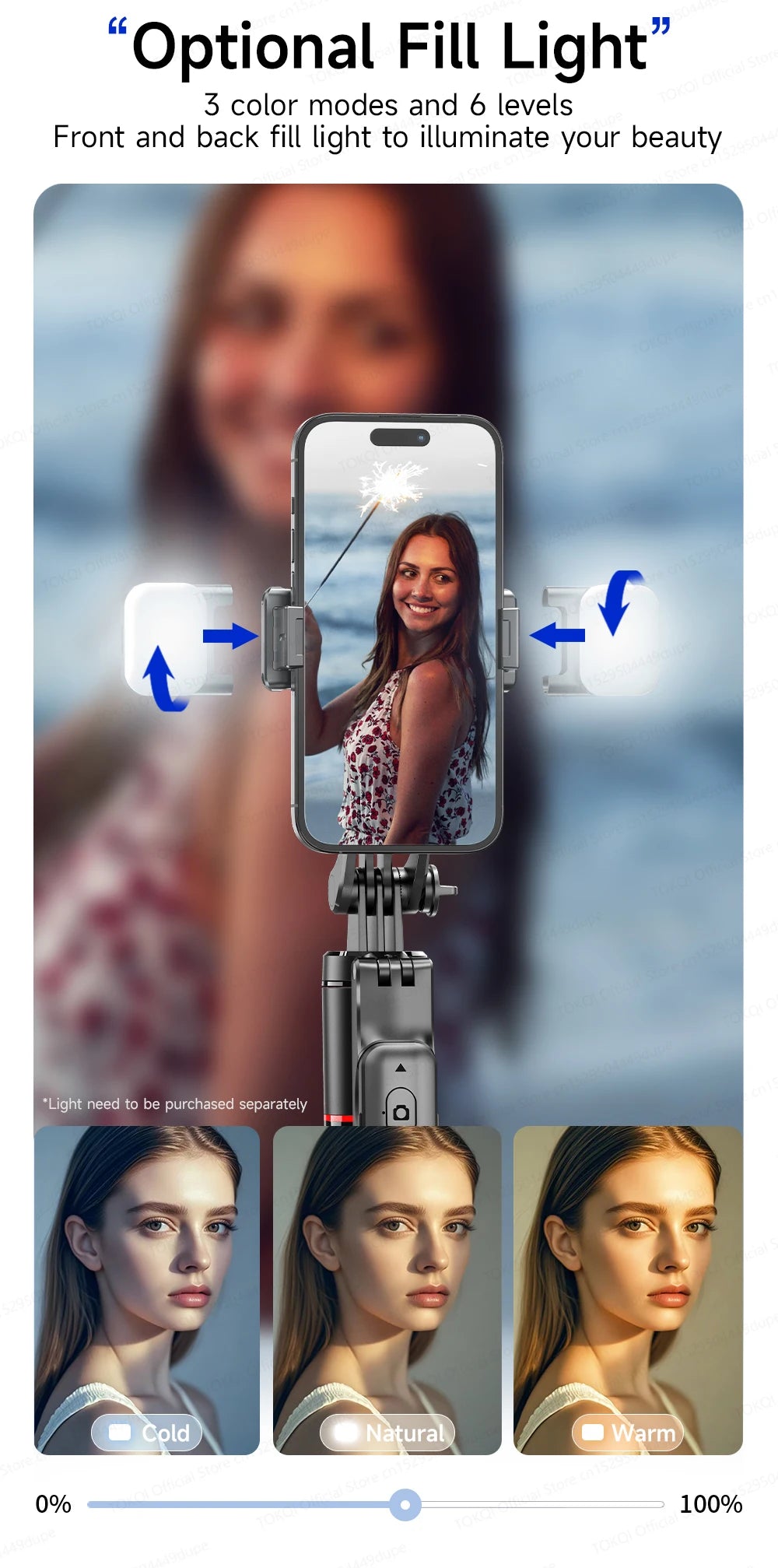TOKQI — Bâton Selfie Extensible 360° Télécommande Bluetooth & Lumière Optionnelle