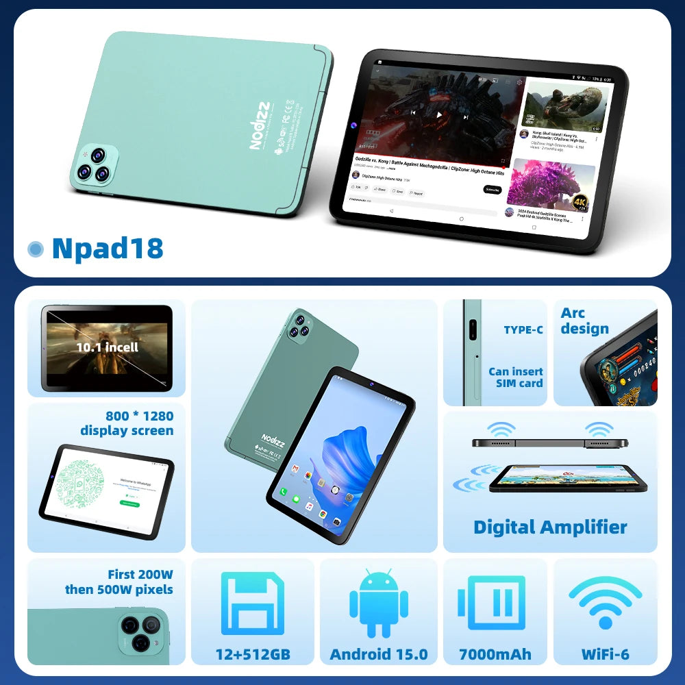 NPad 18 Pro 10.1 pulgadas Tablet Pad 1280*800 HD 12GB 512GB Android 14.0 7000mAh doble WIFI BT5.0 Tabletas con doble tarjeta SIM y doble cámara