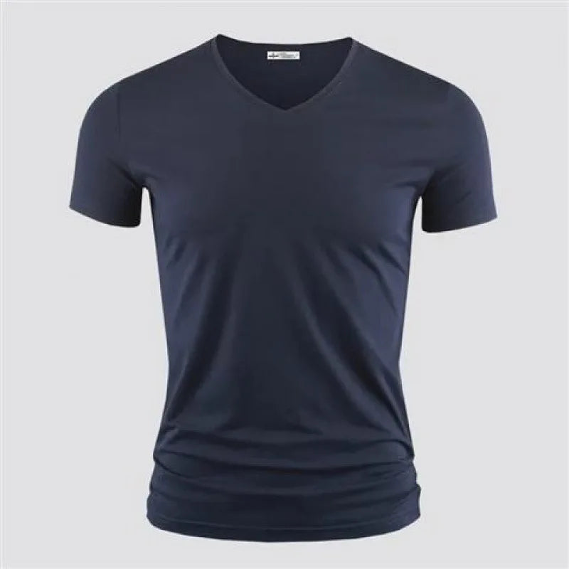 2026 hommes T-Shirt couleur Pure col en V à manches courtes hauts T-Shirts hommes T-Shirt collants noirs homme T-Shirts Fitness pour vêtements masculins