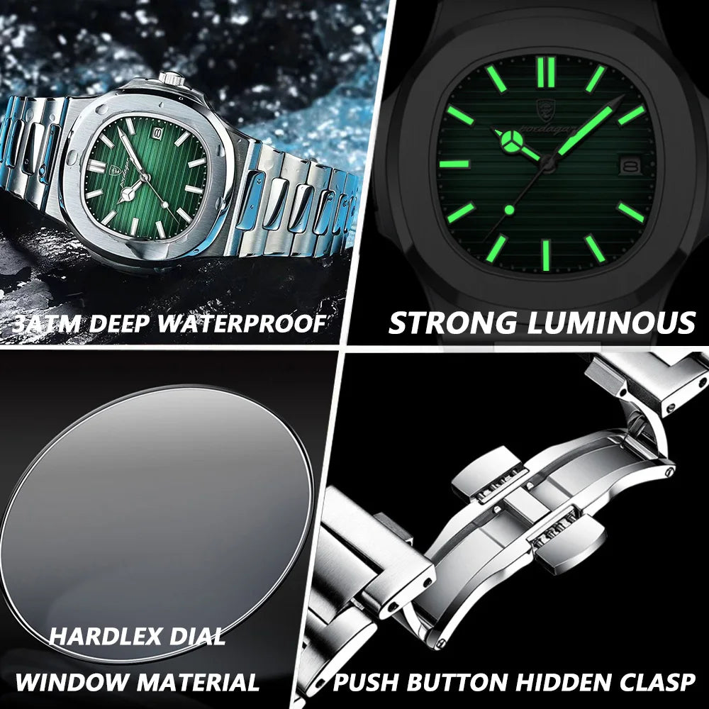 POEDAGAR - Reloj de pulsera cuadrado de moda para hombre, luminoso, impermeable, de acero inoxidable, reloj de cuarzo para hombre, de negocios, Reloj