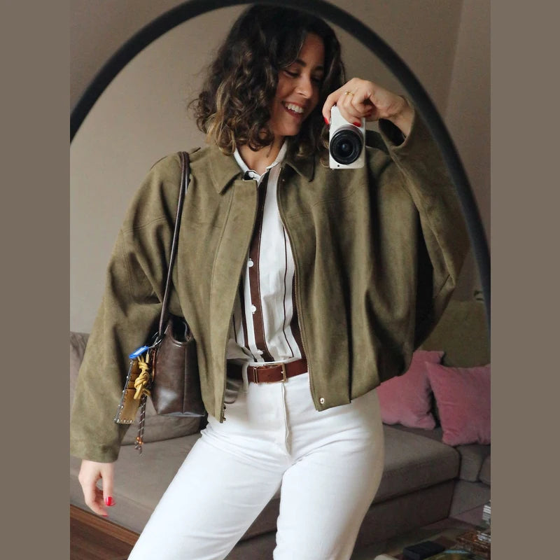 HXAO femmes Bomber veste revers fermeture éclair manches longues veste en daim femmes 2025 haute rue recadrée vestes de course manteaux vêtements d'extérieur