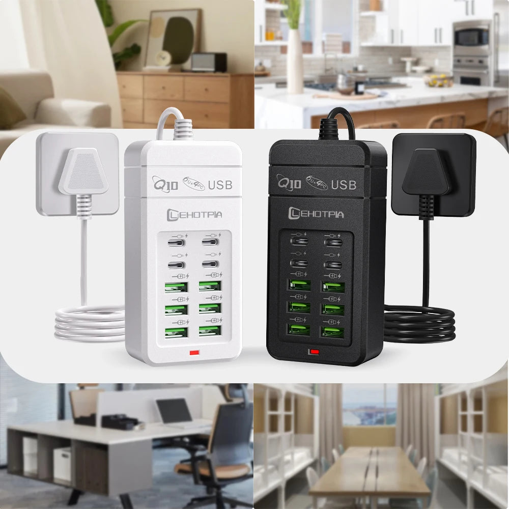 Multi-Fast USB Charger, EU UK US Plug, Power Adapter, 1.2m Extension Cord, 6 USB-A 4 USB-C, Portable for Mobile Phone
