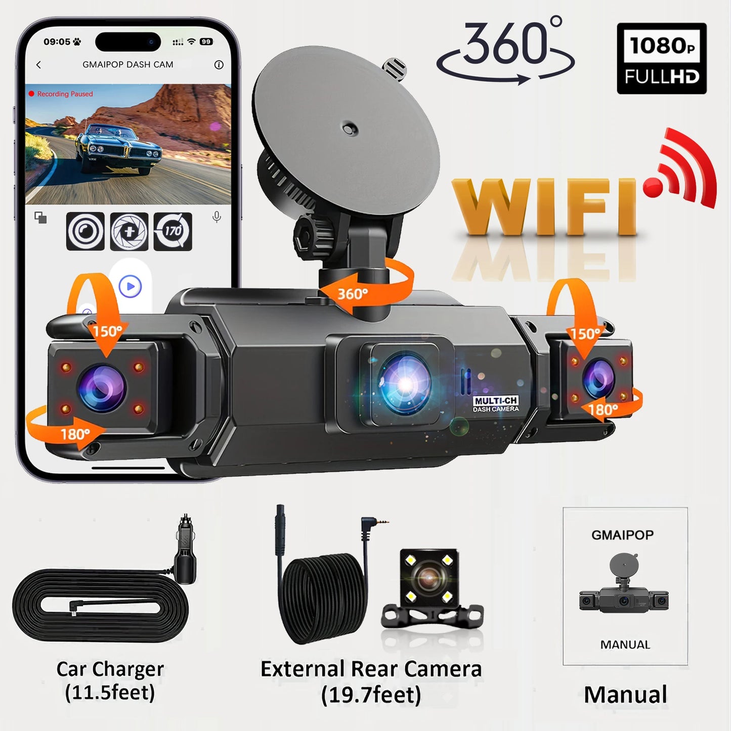 Dashcam 4 Canaux WiFi Boîte Noire — FHD 1080P Vision Nocturne Enregistrement Boucle