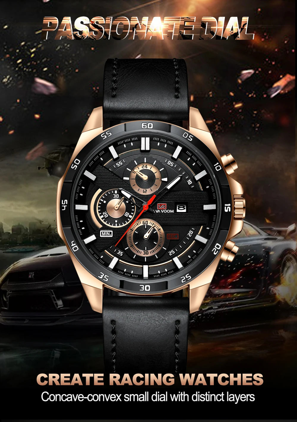 Montres de sport pour hommes, série de course de mode, 46mm, horloge en cuir noir VA VA VOOM, mouvement à Quartz 3Bar, montre-bracelet étanche pour hommes