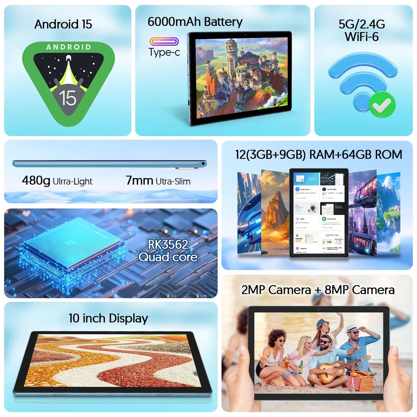 BAKEN Tableta Android 15 de 10 pulgadas, procesador de cuatro núcleos, 12 GB (3+9 de expansión) RAM + 64 GB de almacenamiento, WiFi 5G, cámara dual 1280*800