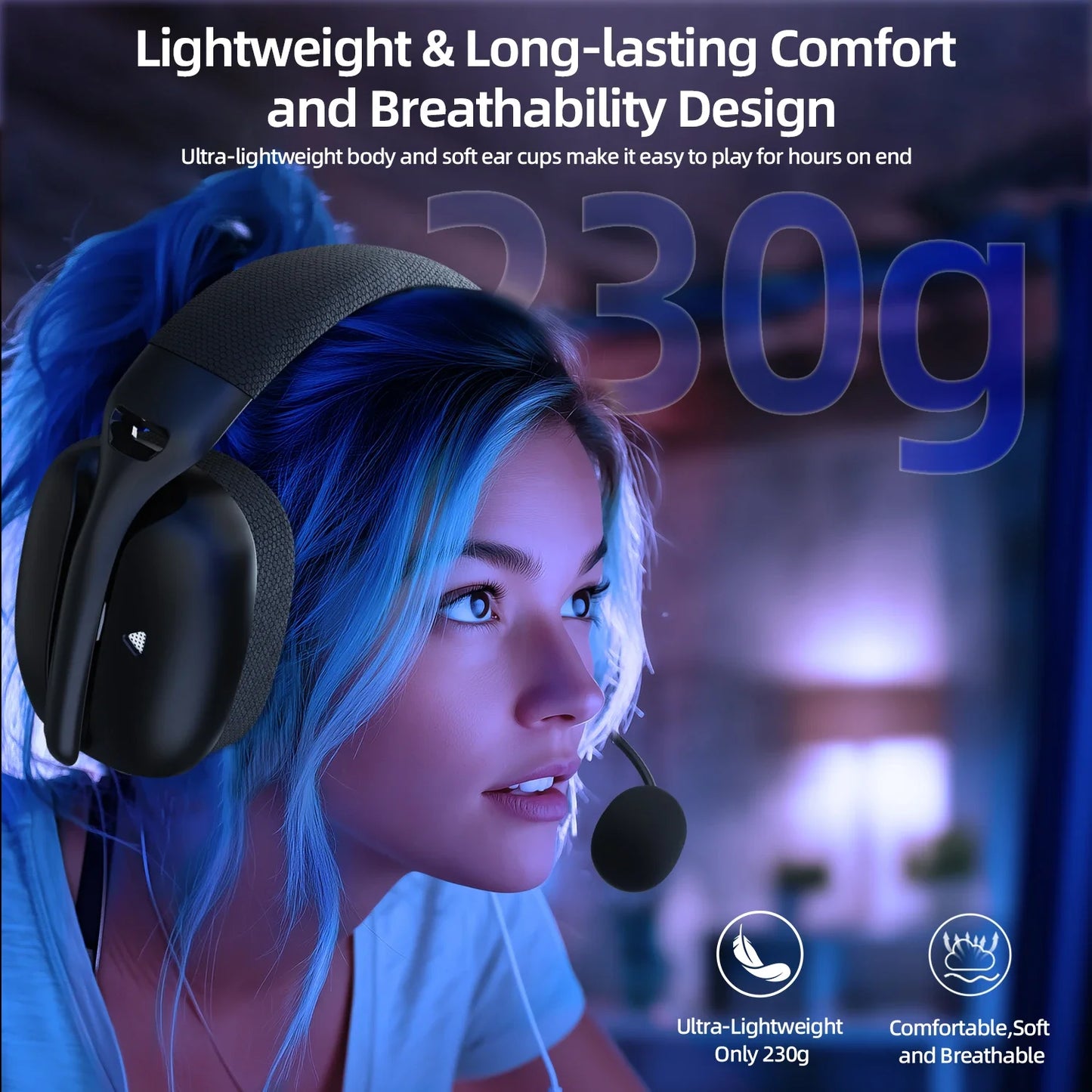 Casque gaming sans fil 2.4G/BT/filaire ultra-léger — pilotes 40mm, faible latence, PC et consoles