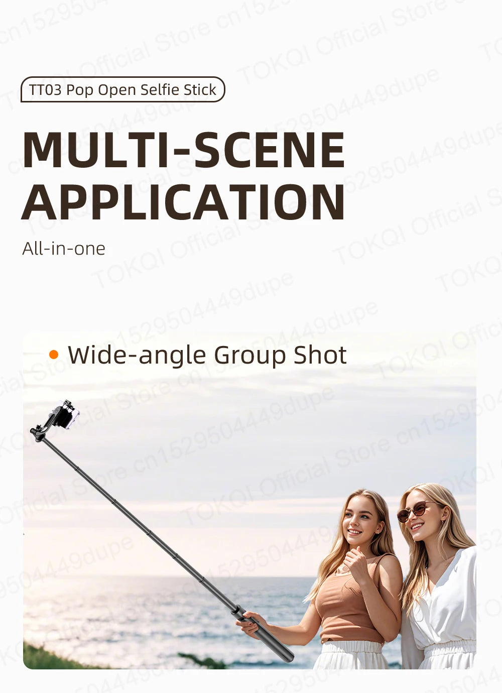 TOKQI TT03 — Perche à Selfie Extensible 1.76m Ouverture Auto Télécommande Magnétique