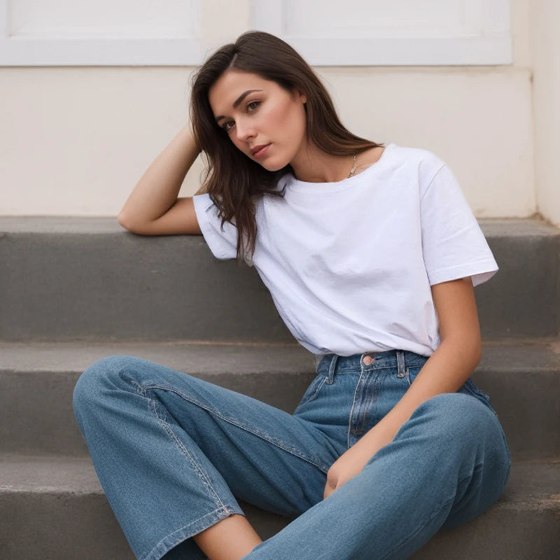 Coton à manches courtes hauts 220 grammes T-shirt lourd Y2k décontracté confortable T-shirt noir et blanc col rond femme vêtements YH2532