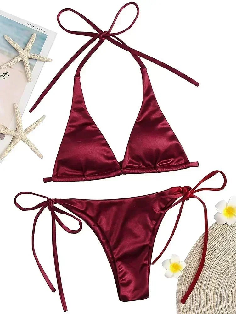 Licou brésilien métallique Satin Bikini femmes maillots de bain femme maillot de bain deux pièces Bikini ensemble coupe haute maillot de bain maillots de bain
