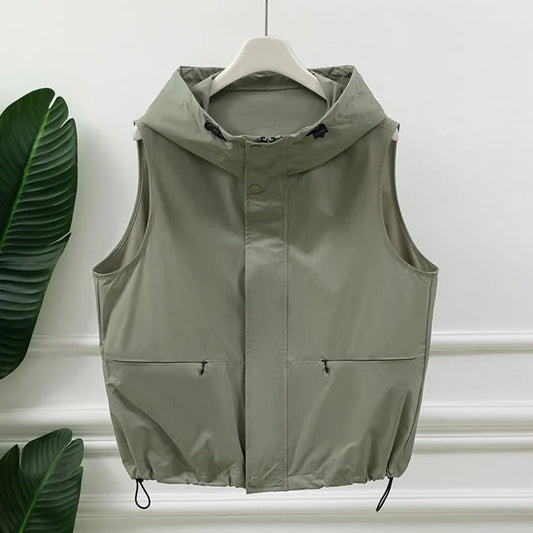 Chaleco utilitario sin mangas con capucha para mujer, gris claro, cremallera frontal, cordón, bolsillo en la cintura, chaleco informal para exteriores
