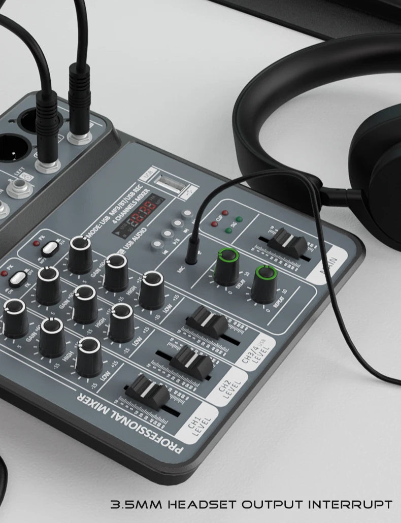 Mélangeur Audio DJ 4 Canaux USB Bluetooth — Console Mixage 48V Karaoké & Studio