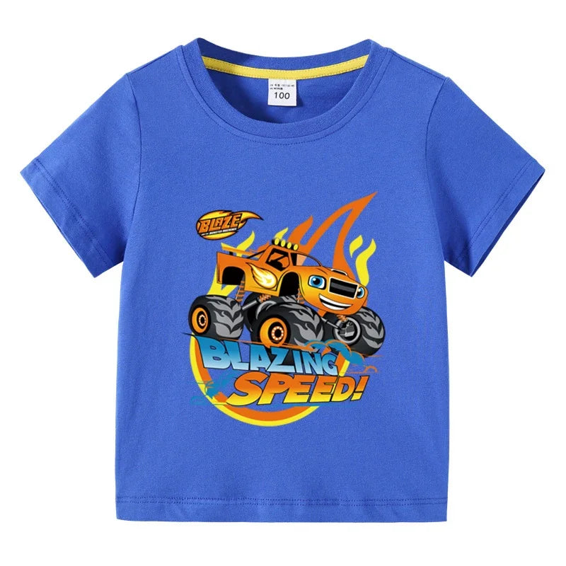 Kids' Short Sleeve Cotton T-shirt, Funny Cartoon Print, Blaze and the Monster Machines Series