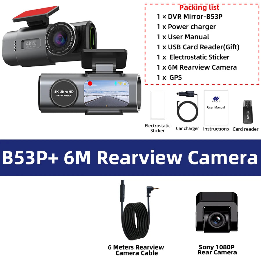 Cámara de salpicadero 4K GPS WIFI APP 24H Visión nocturna Mini lente trasera opcional Dashcam coche DVR grabador de video cámara para coche caja negra
