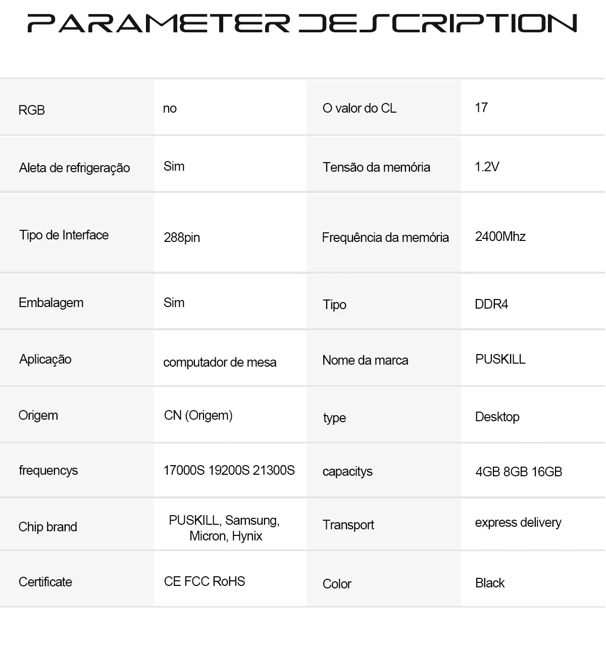 PUSKILL-Mémoire de serveur d'ordinateur de bureau, modèle DDR4, capacité 16 Go 8 Go, fréquence d'horloge 1.2/3200/2666mhz, ram, format UDIMM