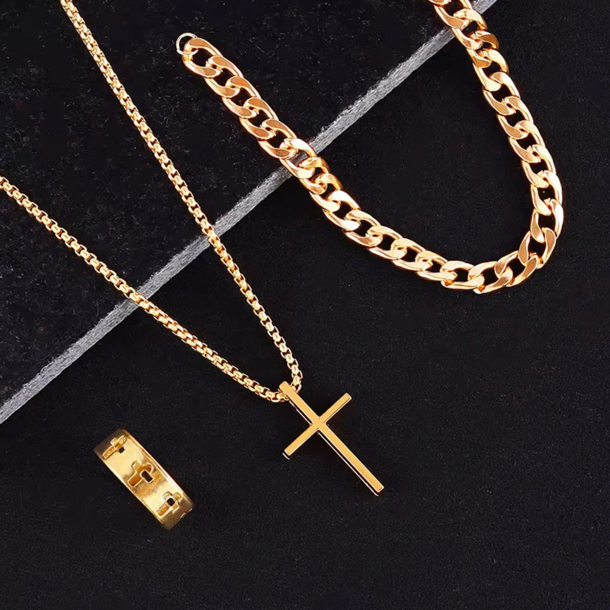 Best Seller New 3-Piece Cross Jewelry Set | Chain Bracelet Ring Necklace | Fashion Religious Accessories for Women and Men, Daily and Gift