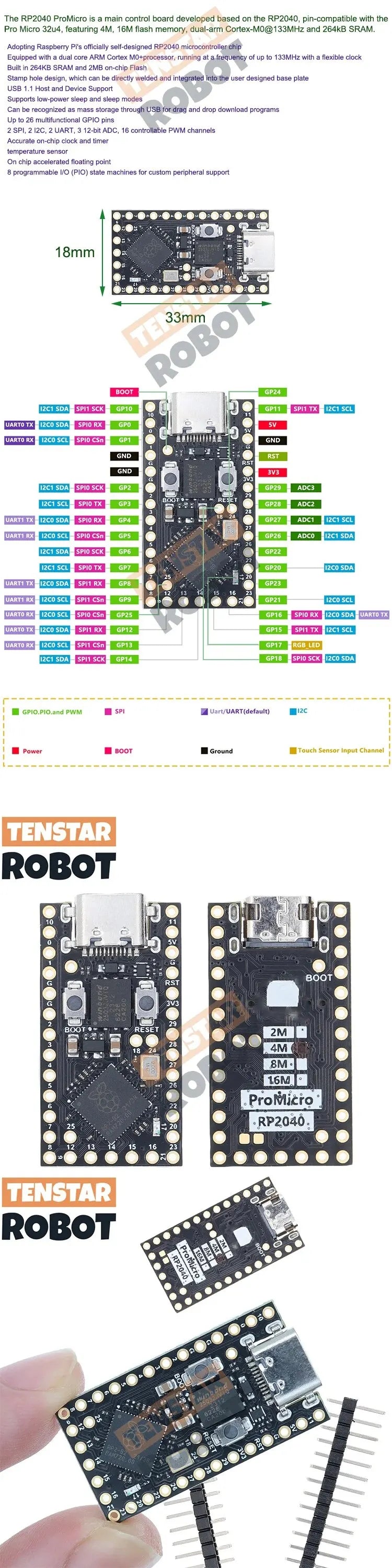 TENSTAR RP2040 Pro Micro carte de développement 4 mo/16 mo Flash double cœur prend en charge Mciro Python Compatible pour Raspberry PI PICO